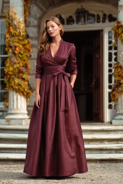 Mature woman wearing a deep wine-colored A-line gown with 3_4 sleeves and satin finish, standing near a vintage mansion decorated for a fall wedding 