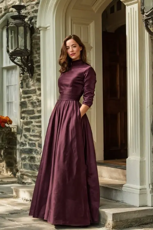 Mature woman wearing a deep wine-colored A-line gown with 3_4 sleeves and satin finish, standing near a vintage mansion decorated for a fall wedding