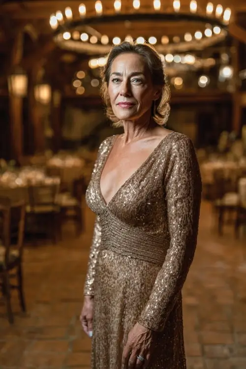 Mature woman wearing a long bronze sequin gown with long sleeves and modest neckline, standing under warm wedding lights at an elegant venue 
