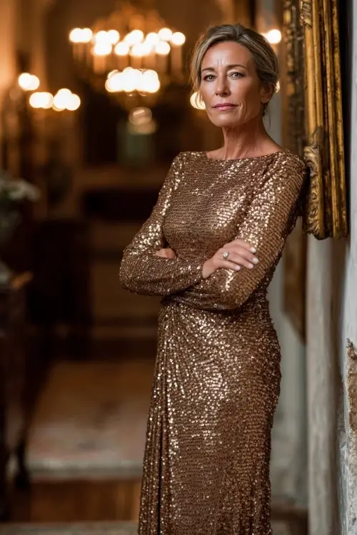 Mature woman wearing a long bronze sequin gown with long sleeves and modest neckline, standing under warm wedding lights at an elegant venue