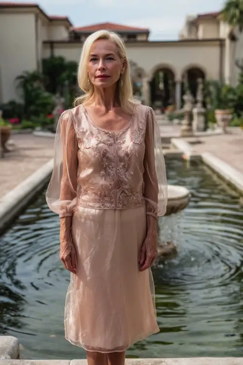 Mature woman wearing a rose gold midi dress with sheer sleeves and delicate embroidery, posing near a fountain at a formal garden venue