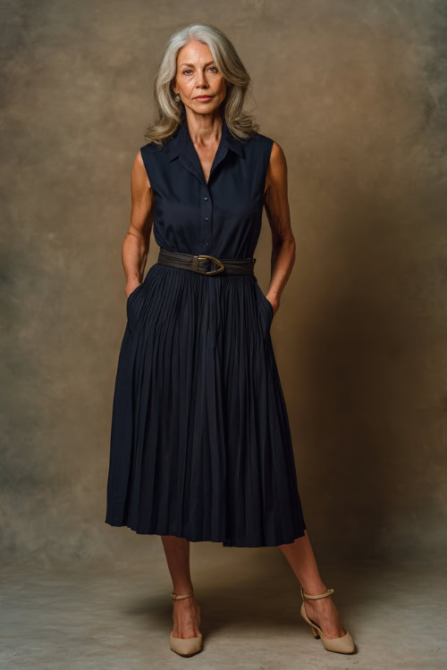 Mature woman wearing a sleeveless navy midi dress with pleats, belted waist, and beige heeled sandals, standing elegantly in a soft background studio 