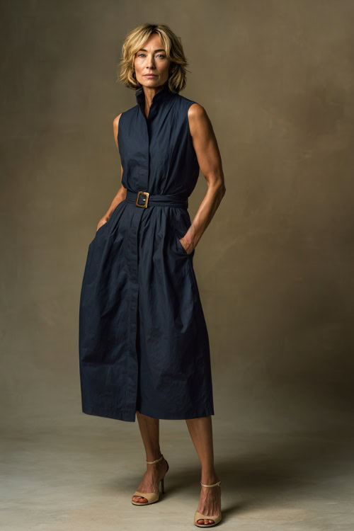 Mature woman wearing a sleeveless navy midi dress with pleats, belted waist, and beige heeled sandals, standing elegantly in a soft background studio