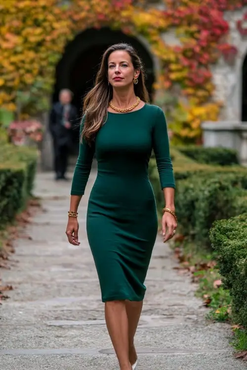 Mature woman wearing an emerald green long-sleeve sheath dress and gold jewelry, walking through a garden venue with early fall leaves, full body visible
