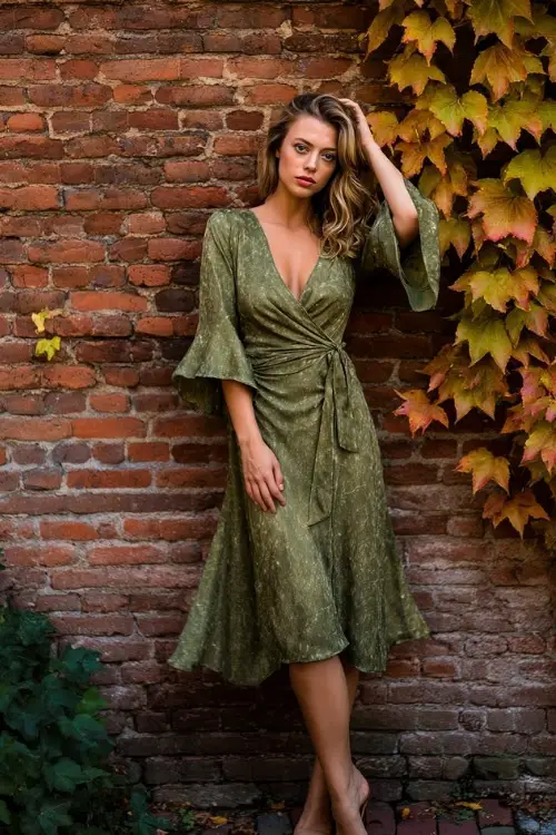 Mature woman wearing an olive green midi dress with subtle shimmer and flared sleeves, posing by a vintage brick wall draped in fall ivy, full body 