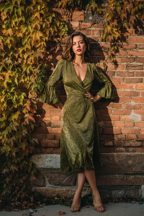 Mature woman wearing an olive green midi dress with subtle shimmer and flared sleeves, posing by a vintage brick wall draped in fall ivy, full body 