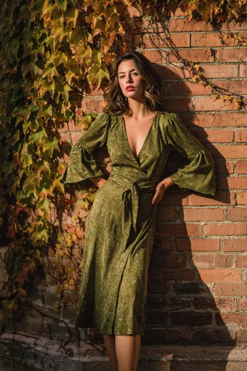 Mature woman wearing an olive green midi dress with subtle shimmer and flared sleeves, posing by a vintage brick wall draped in fall ivy, full body