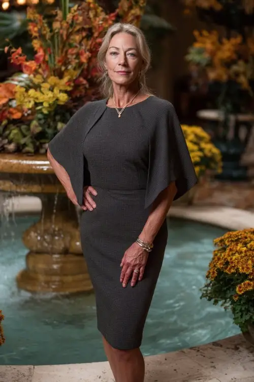 Older woman in a charcoal grey sheath dress with cape sleeves and minimal jewelry, posing near a fountain surrounded by autumn florals, full body