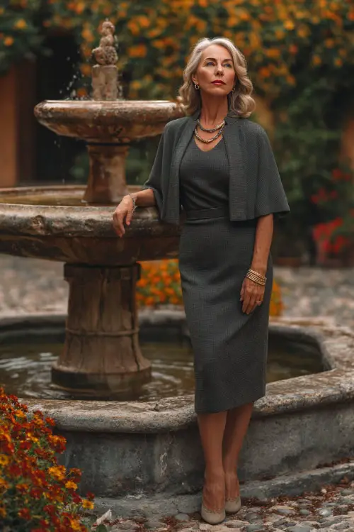Older woman in a charcoal grey sheath dress with cape sleeves and minimal jewelry, posing near a fountain surrounded by autumn florals, full body 