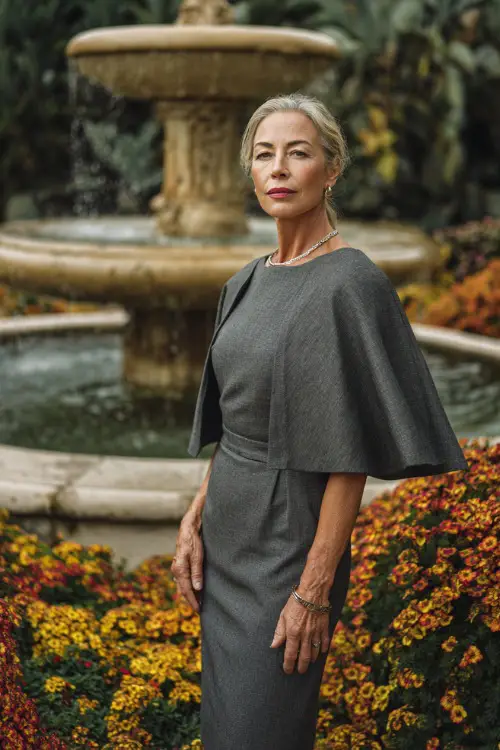 Older woman in a charcoal grey sheath dress with cape sleeves and minimal jewelry, posing near a fountain surrounded by autumn florals, full body