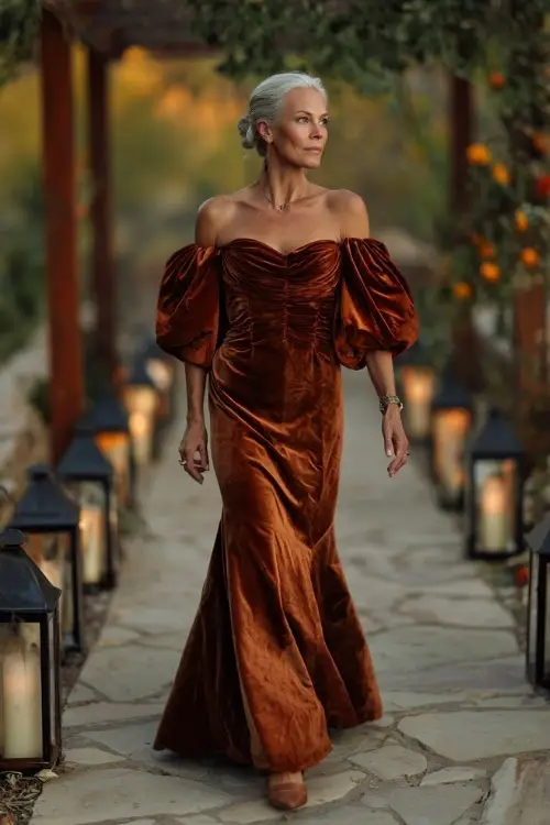Older woman in a copper velvet gown with puff sleeves and mermaid silhouette, walking through an outdoor fall wedding aisle lined with lanterns 