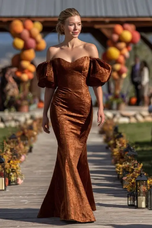 Older woman in a copper velvet gown with puff sleeves and mermaid silhouette, walking through an outdoor fall wedding aisle lined with lanterns