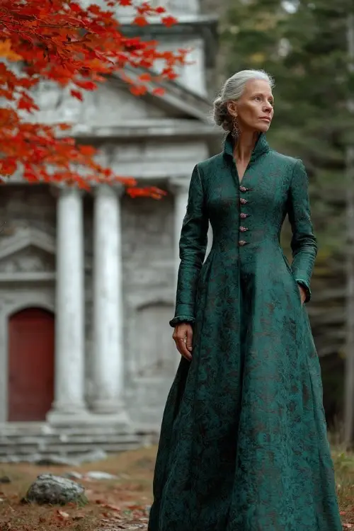 Older woman in a forest green brocade gown with long sleeves and vintage earrings, walking beside a white stone chapel decorated with red and gold leaves