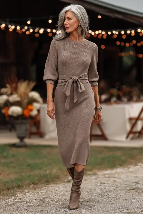 Older woman wearing a mocha-colored knit midi dress with a tie belt and heeled boots, walking near an outdoor reception with string lights and fall wreaths 