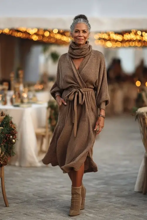 Older woman wearing a mocha-colored knit midi dress with a tie belt and heeled boots, walking near an outdoor reception with string lights and fall wreaths