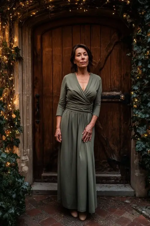Older woman wearing a muted olive green dress with wrap bodice and long sleeves, standing near an elegant wooden doorway covered in ivy and twinkling lights 