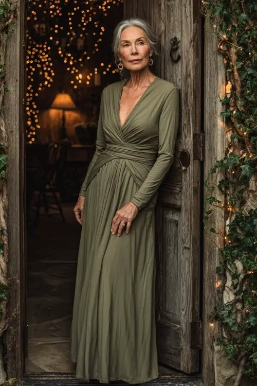 Older woman wearing a muted olive green dress with wrap bodice and long sleeves, standing near an elegant wooden doorway covered in ivy and twinkling lights