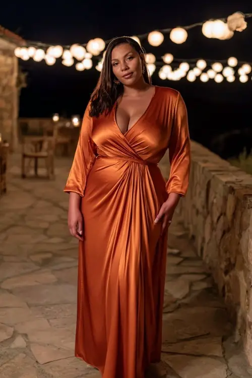 Plus-size woman in a rust orange satin maxi dress with a draped neckline and full-length sleeves, standing under glowing lights at a vineyard wedding reception 