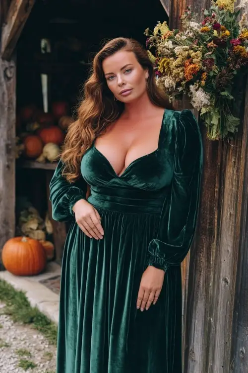 Plus-size woman in an emerald green velvet dress with long bishop sleeves and a sweetheart neckline, standing by a rustic barn decorated with fall florals 