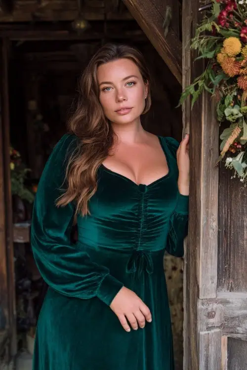 Plus-size woman in an emerald green velvet dress with long bishop sleeves and a sweetheart neckline, standing by a rustic barn decorated with fall florals