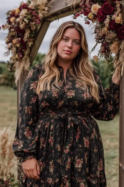 Plus-size woman wearing a black floral midi dress with long sleeves, a cinched waist, and soft flared hem, standing near a wedding arch with wheat and burgundy roses 
