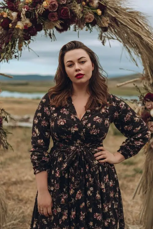 Plus-size woman wearing a black floral midi dress with long sleeves, a cinched waist, and soft flared hem, standing near a wedding arch with wheat and burgundy roses