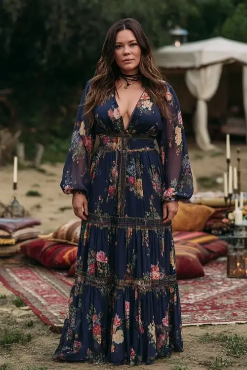 Plus-size woman wearing a navy floral maxi dress with long sheer sleeves and tiered skirt, standing near a cozy outdoor wedding setup with vintage rugs and candles 