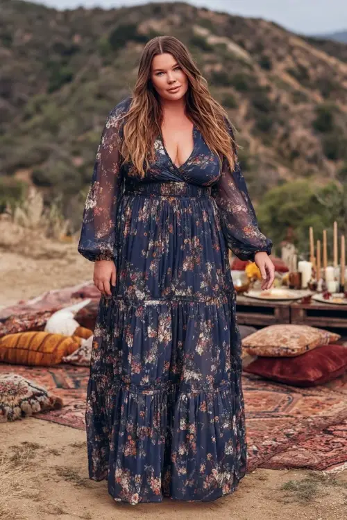 Plus-size woman wearing a navy floral maxi dress with long sheer sleeves and tiered skirt, standing near a cozy outdoor wedding setup with vintage rugs and candles
