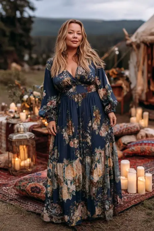 Plus-size woman wearing a navy floral maxi dress with long sheer sleeves and tiered skirt, standing near a cozy outdoor wedding setup with vintage rugs and candles