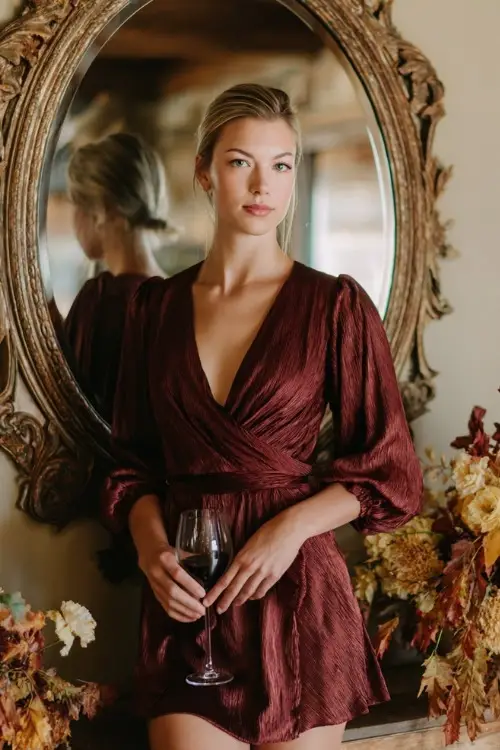 Short height woman in a wine-colored wrap dress with subtle shimmer and V-neckline, standing beside an antique mirror and fall florals at a luxe October wedding