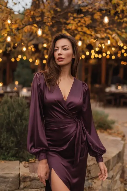 Short height woman wearing a deep aubergine satin wrap dress with long balloon sleeves and a subtle slit, posing under string lights and warm-toned fall foliage at an elegant outdoor October wedding