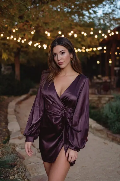 Short height woman wearing a deep aubergine satin wrap dress with long balloon sleeves and a subtle slit, posing under string lights