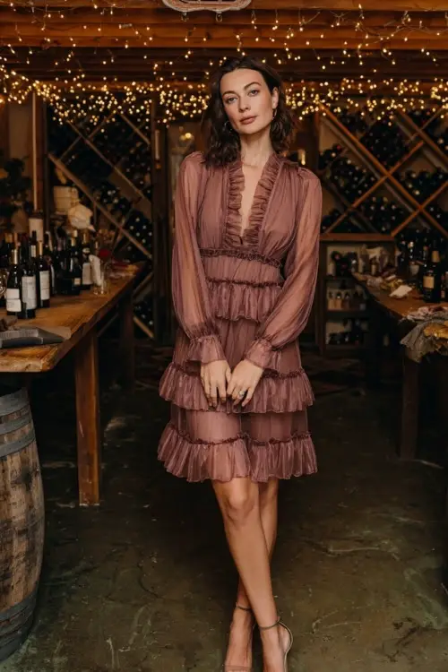 Short-statured woman wearing a dark mauve tiered midi dress with long sleeves and block heels, standing beneath twinkling lights at a cozy October wedding 