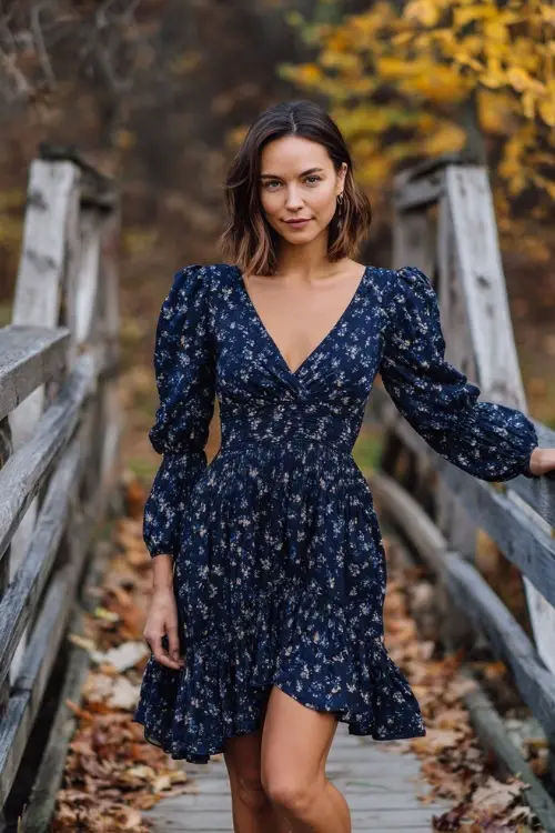 Short woman in a navy floral print midi dress with puff sleeves and ruffled hem, posing on a wooden bridge with fall leaves and a rustic wedding setup 