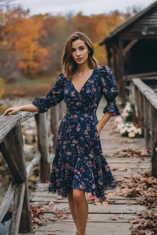 Short woman in a navy floral print midi dress with puff sleeves and ruffled hem, posing on a wooden bridge with fall leaves and a rustic wedding setup 