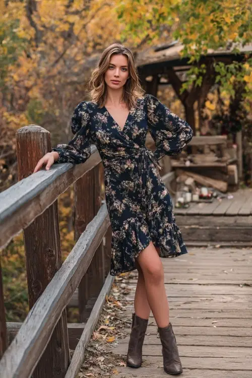 Short woman in a navy floral print midi dress with puff sleeves and ruffled hem, posing on a wooden bridge with fall leaves and a rustic wedding setup