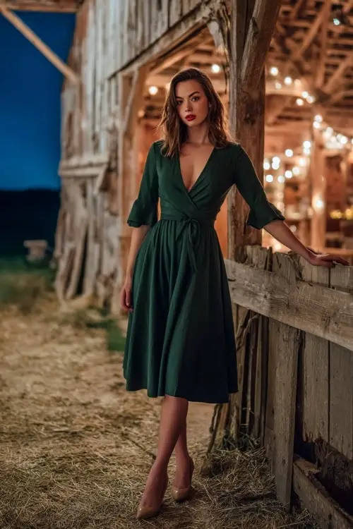Small-framed woman wearing a deep green A-line midi dress with flutter sleeves and pointed heels, standing beside a candlelit barn decorated for an October wedding 