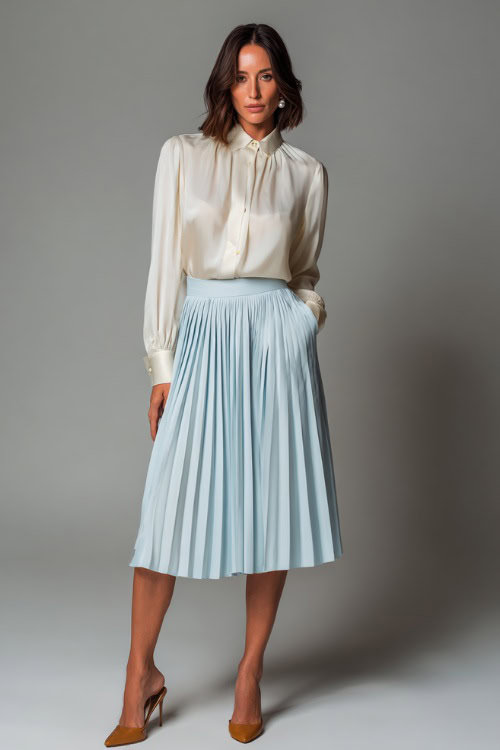 Sophisticated woman in a pale blue pleated midi skirt and ivory silk blouse with a high neckline and buttoned cuffs, styled with tan heels and pearl studs