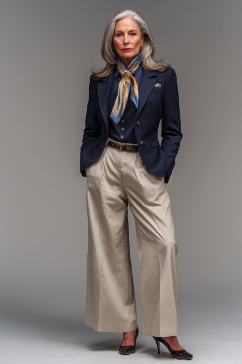 Sophisticated woman over 50 wearing a tailored navy blazer with wide-leg beige trousers, silk scarf around the neck, and leather pumps, posing full-body in a clean studio