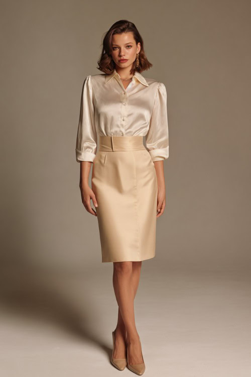 Sophisticated woman wearing a soft beige high-waisted skirt and tucked-in silk blouse with elbow-length sleeves, finished with low block heels and pearl studs 