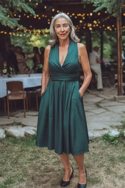 Stylish mature woman in a forest green A-line dress with wrap bodice and midi length, standing under hanging lights at an outdoor wedding, full body visible 