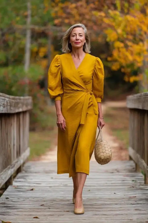 Stylish mature woman in a goldenrod wrap midi dress with puff sleeves, paired with heeled loafers and a neutral clutch, walking along a wooden bridge with colorful fall foliage 