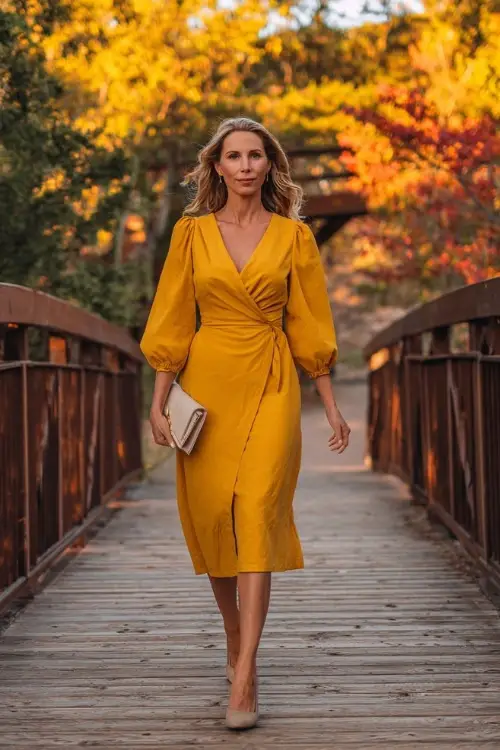 Stylish mature woman in a goldenrod wrap midi dress with puff sleeves, paired with heeled loafers and a neutral clutch, walking along a wooden bridge with colorful fall foliage
