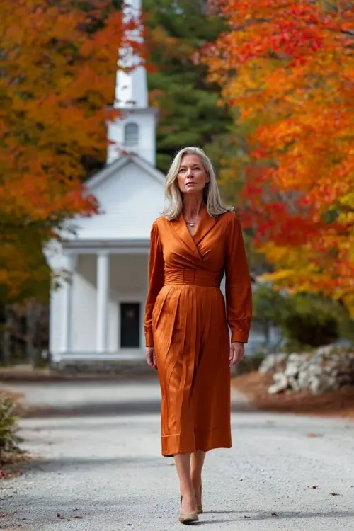 Stylish older woman wearing a copper A-line dress with pleats and long sheer sleeves, walking near a white chapel framed by colorful October trees