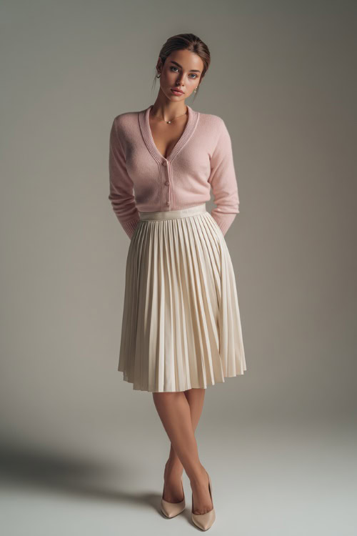 Stylish woman in a pastel pink cashmere cardigan worn over a pleated cream midi skirt, ballet flats, and pearl studs, soft-lit studio setting 