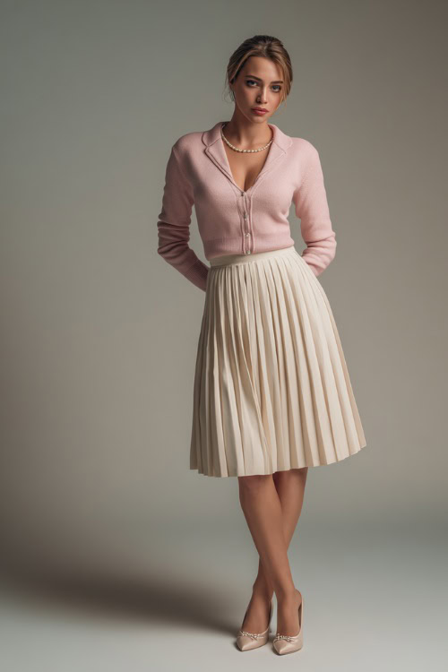 Stylish woman in a pastel pink cashmere cardigan worn over a pleated cream midi skirt, ballet flats, and pearl studs, soft-lit studio setting
