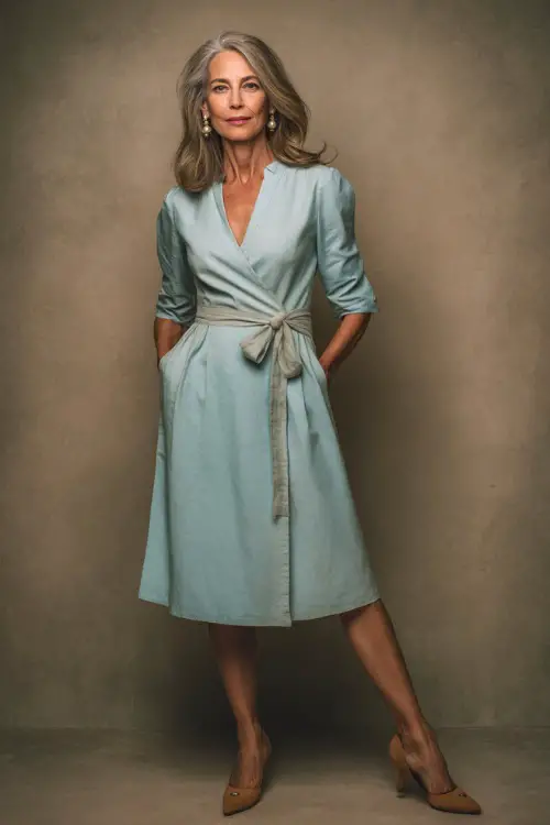 Stylish woman over 50 in a light blue midi dress with elbow-length sleeves, pearl earrings, and tan kitten heels, standing in a neutral-toned studio background 