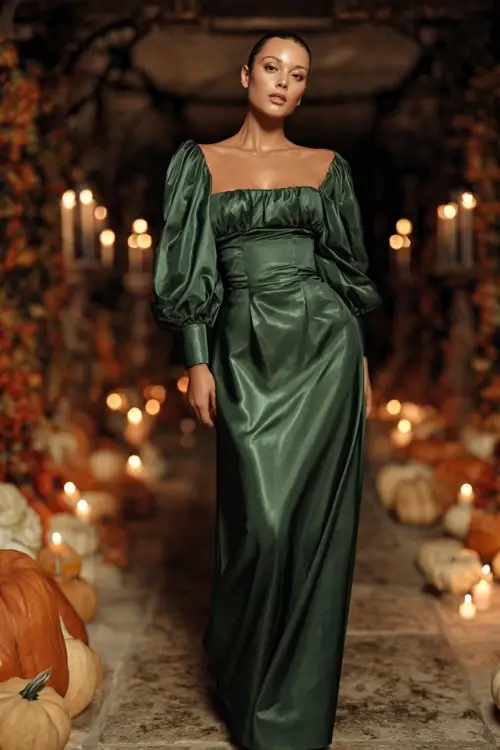 Stylish woman with a fuller figure wearing a forest green satin gown with puffed long sleeves and empire waist, posing near a candlelit aisle lined with pumpkins and autumn leaves 