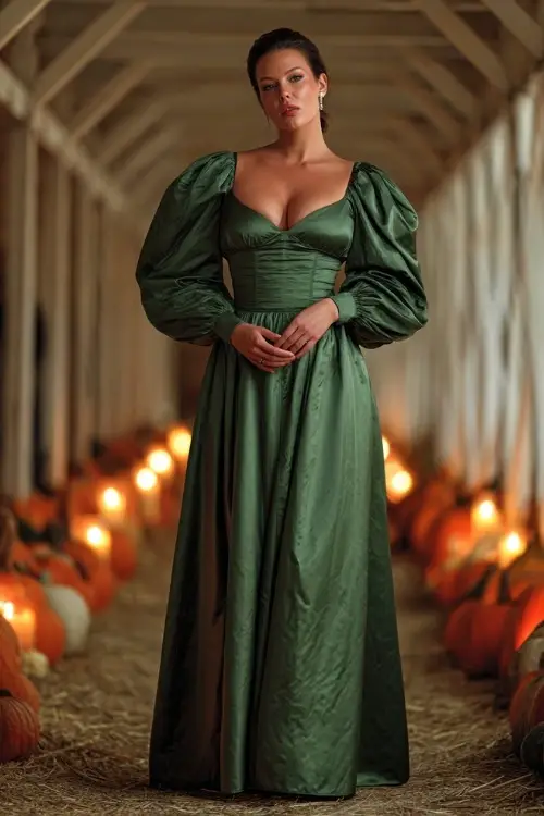 Stylish woman with a fuller figure wearing a forest green satin gown with puffed long sleeves and empire waist