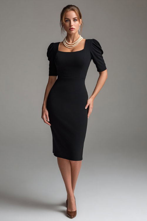 Woman in a black midi-length sheath dress with subtle puff sleeves and round neckline, styled with classic pumps and a pearl necklace, soft studio lighting 